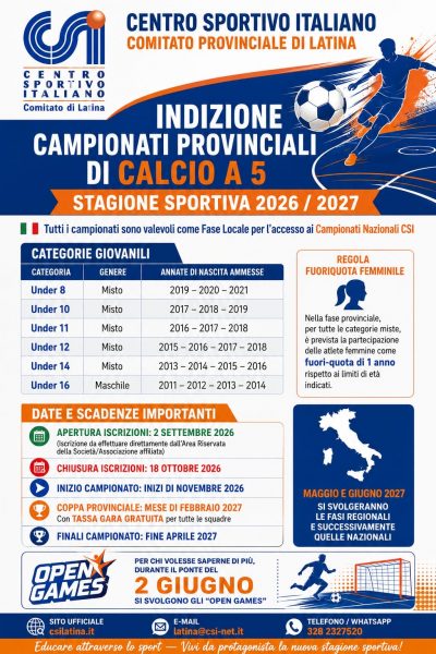 AL VIA LE ISCRIZIONI PER I CAMPIONATI PROVINCIALI DI CALCIO A 5 PER LA STAGIONE 2026/2027
